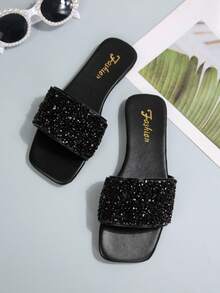 舒适、时尚、宽松、四季皆宜的黑色水钻女士平底拖鞋 - 黑色 - 查看 16