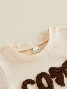 Conjunto de verano de 2 piezas para niña pequeña estilo vaquera: camiseta de manga corta con lazo y letras bordadas y pantalones acampanados con estampado de manchas de vaca. - Albaricoque - Ver 5