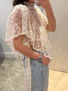 Boho Women Summer Lace T-Shirt Casual Sheer Irregular Ruffled Flutter Sleeves Tops For Streetwear Grunge Clothes - trắng - Xem 6