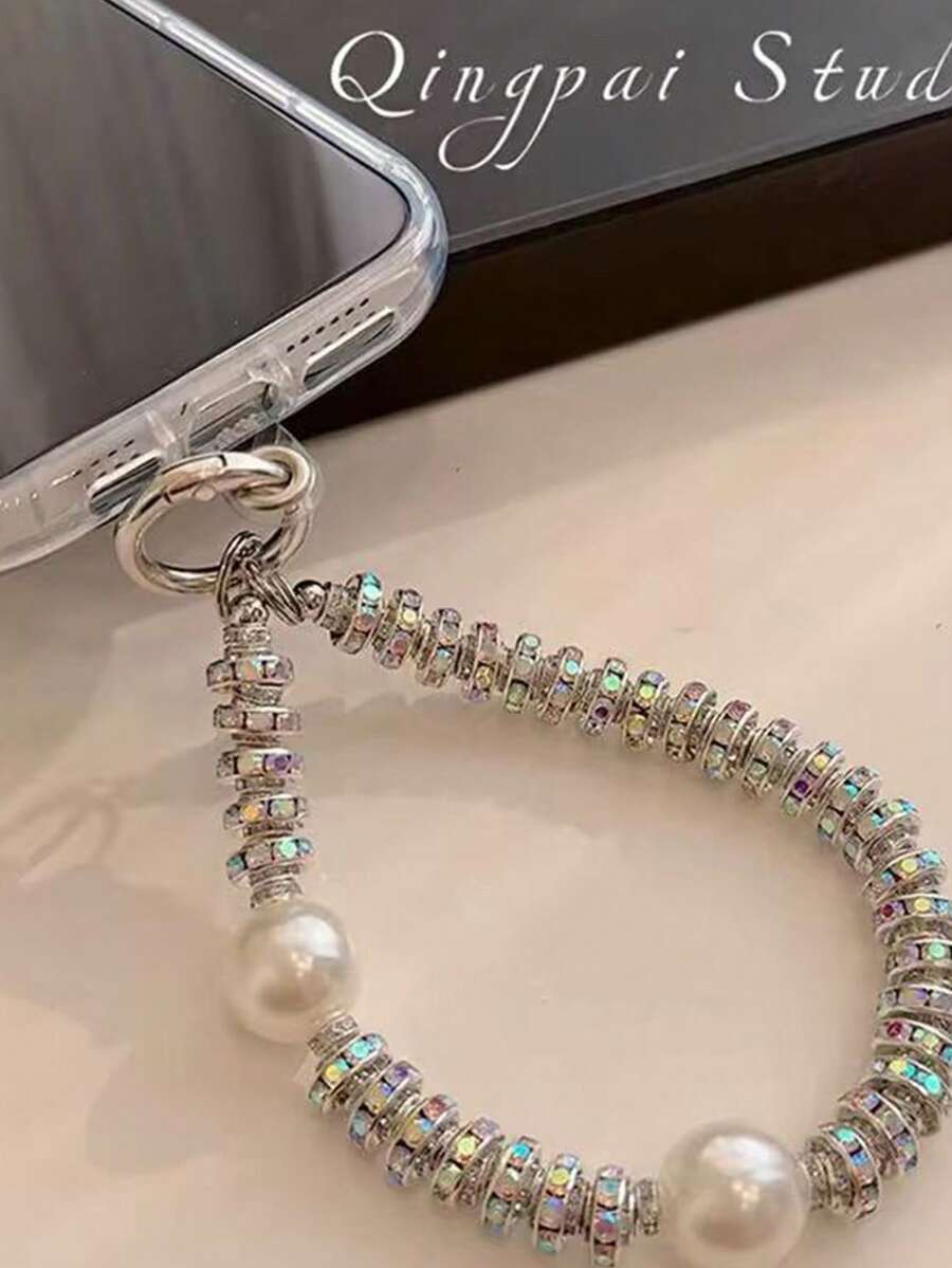 1条闪亮奢华水钻珍珠手机挂绳，夏季配饰 - 彩色 - 查看 1