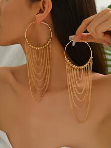 一对优雅夸张的波西米亚风金属串珠多层流苏长耳环，适合夏季、休闲、街头风格、庆典等场合，百搭礼物。 - Golden - 查看 1