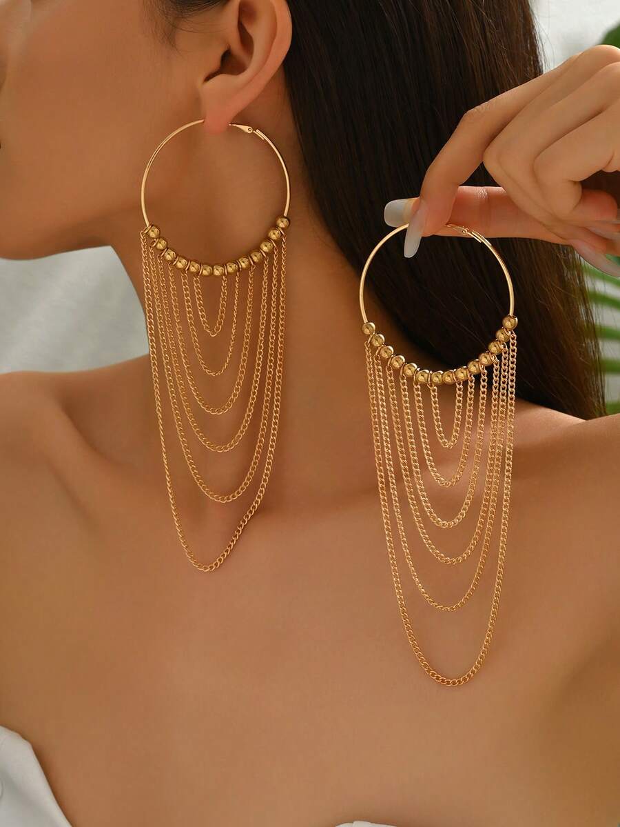 一对优雅夸张的波西米亚风金属串珠多层流苏长耳环，适合夏季、休闲、街头风格、庆典等场合，百搭礼物。 - Golden - 查看 1