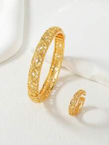 两件套中东斋月风格奢华小众四叶镂空花卉女士手链戒指首饰套装，理想的节日礼物 - 金黃色 - 查看 1