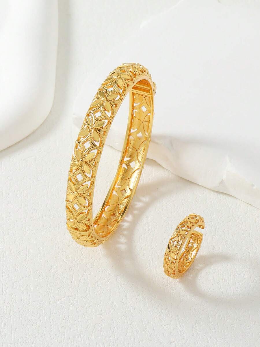 两件套中东斋月风格奢华小众四叶镂空花卉女士手链戒指首饰套装，理想的节日礼物 - 金黃色 - 查看 1