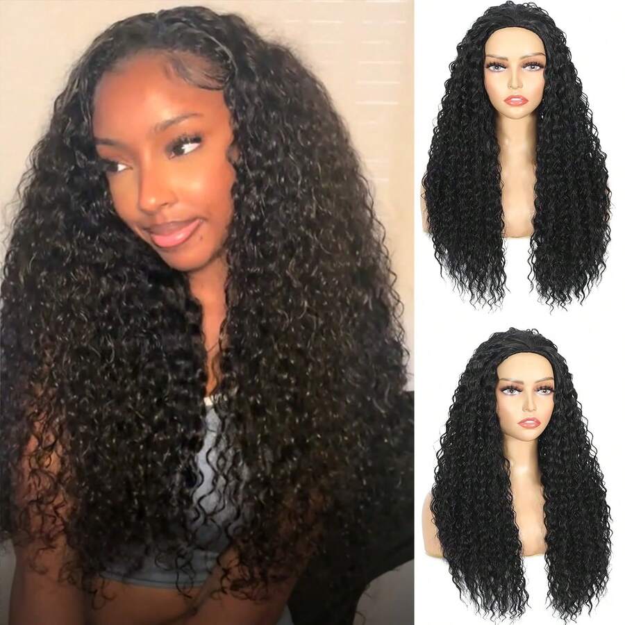 ZHENDEFA Half Wig Human Hair Water Wave Half Wig 3 In 1 Glueless Wigs Wear And Go Wigs Seamless Flip Over With Drawstring Beginner Friendly Curly Wig Headband Wig For Women