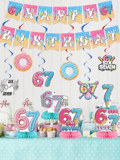 Bộ trang trí sinh nhật chủ đề 6-7 tuổi dạng phẳng 2D, bao gồm trang trí hình tổ ong và biểu ngữ hình bánh donut & kem, biểu ngữ sinh nhật chủ đề kem, biểu ngữ chủ đề mùa hè, phù hợp cho trang trí tiệc sinh nhật chủ đề mùa hè với món tráng miệng.