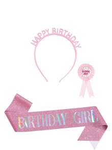 3Pcs Pink Glitter Birthday Girl Set, Happy Birthday Headband & Sash & Badge Kit For Party - Multicolor - View 6