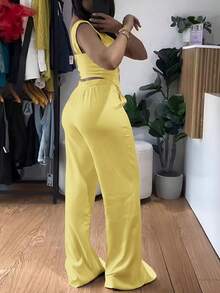 女士优雅通勤纯色吊带背心和裤子两件套夏季 - 黃色 - 查看 2