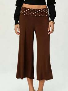 Women Fold Over Low Rise Lounge Capris Pants Casual Wide Leg Cropped Flowy Gaucho Pants Comfy Foldover Waist Yoga Coluttes Pajama Bottoms Summer Beach Palazzo Pants - Màu nâu chấm bi - Xem 1