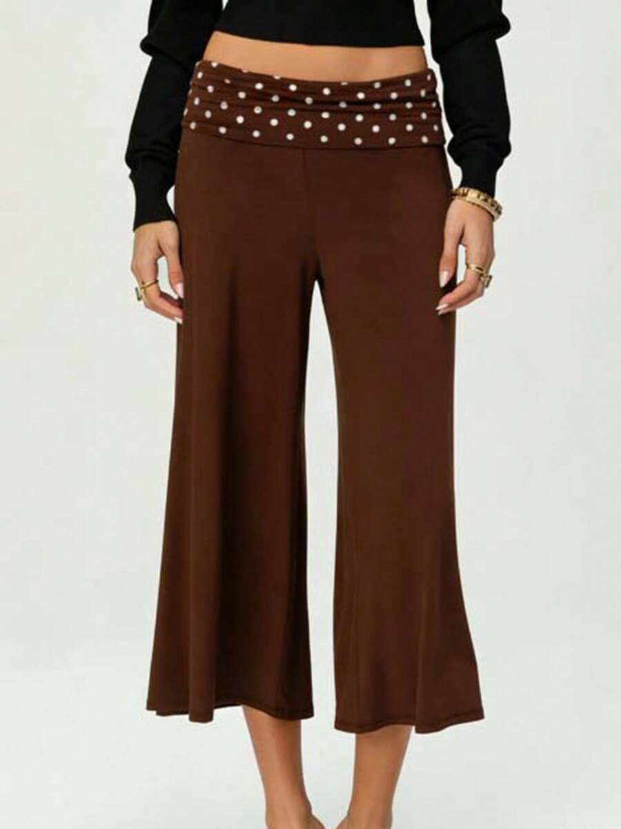 Women Fold Over Low Rise Lounge Capris Pants Casual Wide Leg Cropped Flowy Gaucho Pants Comfy Foldover Waist Yoga Coluttes Pajama Bottoms Summer Beach Palazzo Pants - Màu nâu chấm bi - Xem 1