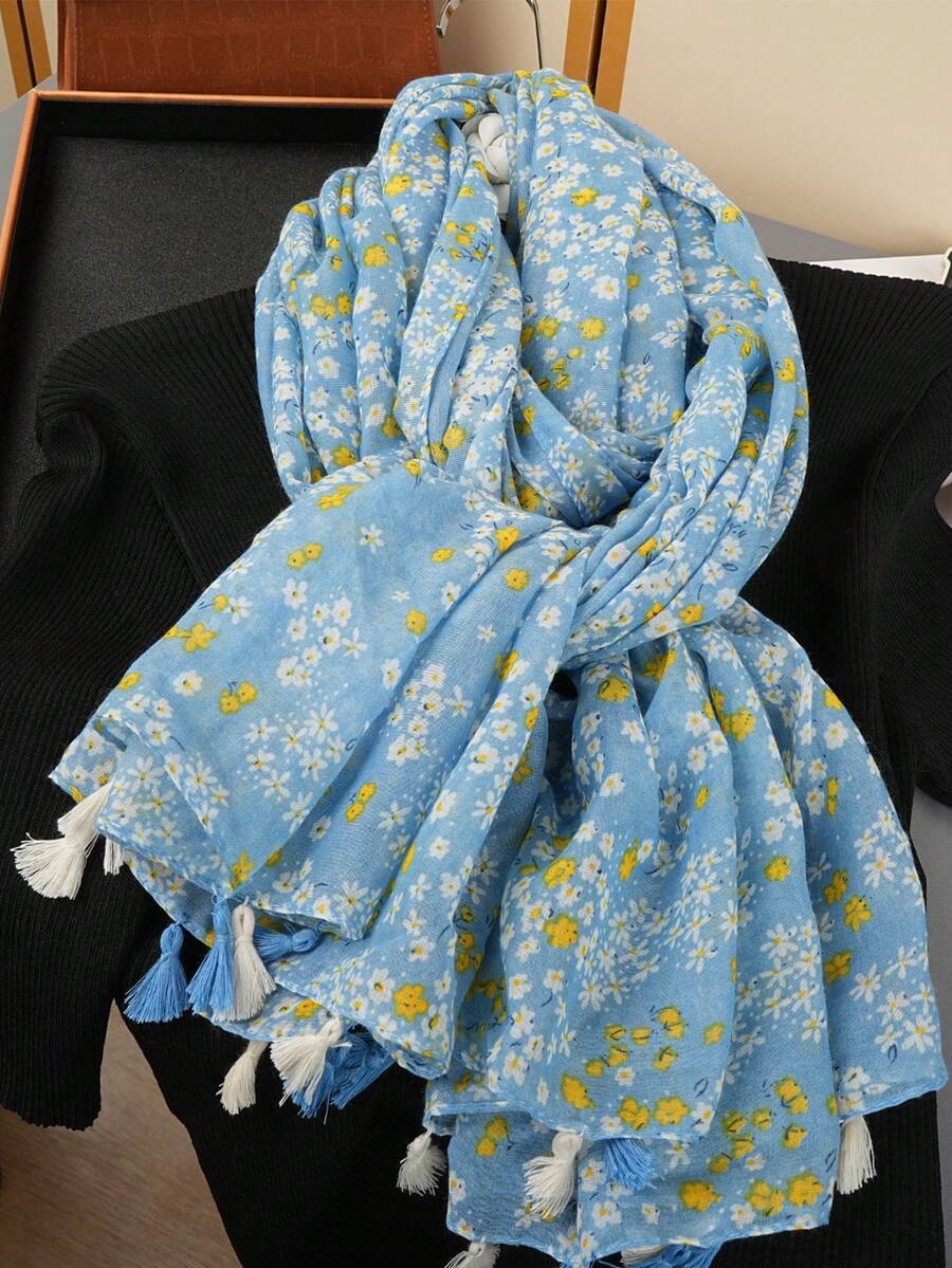 1条波西米亚简约印花围巾，时尚女士披肩，新款户外度假防晒沙滩巾，棉麻质感复古流苏围巾 - 彩色 - 查看 1