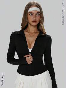 Women's Slim Fit Breathable Sports Set, Suitable For Outdoor Running, UV Protection Zipper Elastic Minimalist Slim Fit Fashionable Sexy High-Quality Basic Streetwear Elastic Casual Unique Color Brightening Skin Tone Elegant Tight Fit Warm Long Sleeve Yoga Jacket - Black 2 - 查看 4