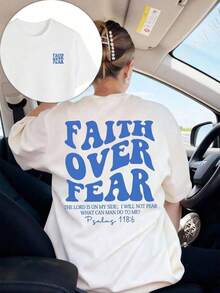 1pcs Plus Size Women's T-Shirt, Printed With "FAITH OVER FEAR" And Bible Verse Designs On The Back, Suitable For Church Services, Religious Activities - White 2 - 查看 15