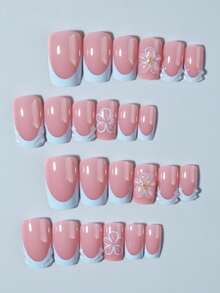 24pcs Short Square 3D Gel Nail Stickers, Pearl Decor Design, Light Blue French Acrylic Adhesive Nail Stickers, Perfectly Fit Short Nails, Set Includes 1 Gel Polish And 1 Nail File - Baby Blue - View 4