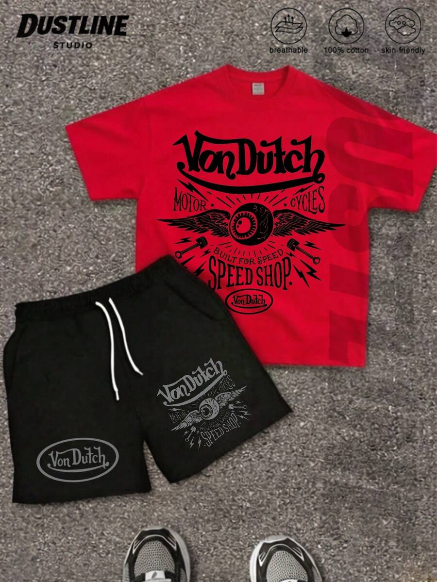 Mens Red Creative T Shirt And Shorts Set American Vintage Full Print Street Wear Essential T Shirt Set Men Graphic T Shirt And Shorts Set Vonn Dutch Motor Cycles Built For Speed Speed Shop Print - 紅色 - 查看 1