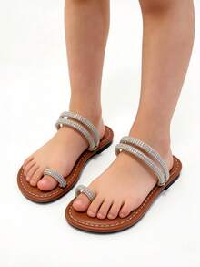 1 Pair Brown Girls' Sandals, Girls' Non-Slip Flat Sandals, Rhinestone Strap Versatile Open Toe Roman Sandals, Suitable For Summer Daily Wear, Beach, Wedding Party, School Gathering, Casual Gathering - Brown - View 6