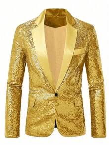 Áo khoác blazer đính sequin cỡ lớn dành cho nam, phong cách hộp đêm, trang phục biểu diễn sân khấu lấp lánh, phù hợp cho người thừa cân. - Vàng - Xem 3