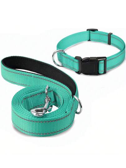 这款狗项圈采用柔软的氯丁橡胶衬垫和透气的尼龙牵引绳制成，反光耐用设计，配有快拆扣，可调节尼龙项圈，适合所有犬种的遛狗和训练。