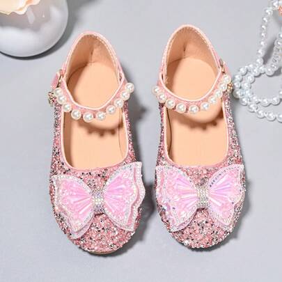 Zapatos de cuero estilo princesa para niñas pequeñas, zapatos casuales con decoración de mariposa de perlas y diamante de imitación rosas