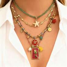 Colorful Cord Beaded Necklace With Rice Beads, Starfish, And Small Fish - Dopamine-Inspired High-End Multi-Layer Necklace - 項鍊-4件套 - 查看 3