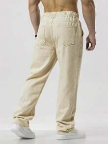 Men's Slant Pocket Drawstring Elastic Waist Washed Denim Jeans - Apricot - View 4