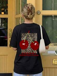 女士夏季圆领短袖T恤，豹纹樱桃图案，适合夏季、海滩、街头、日常、工作、办公室派对、郊游、嘉年华、音乐节、情人节、派对休闲等场合，黑色。 - 黑色 - 查看 6