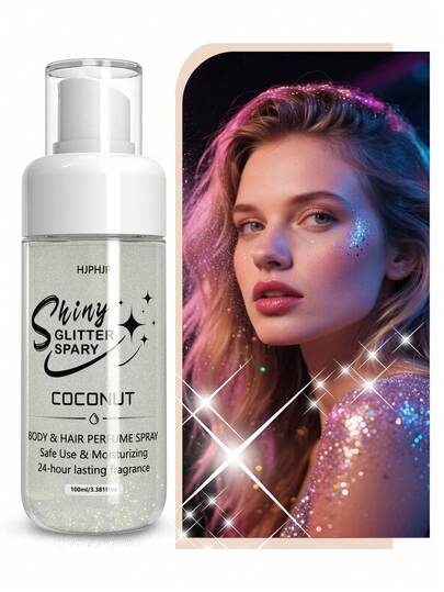 HJPHJP 闪亮亮片喷雾，珠光喷雾，银色亮片，适用于头发和身体，身体亮片喷雾，24小时持久香味，易于清洗，派对明星，100毫升身体喷雾，适用于化妆派对/音乐节庆典/婚礼妆容