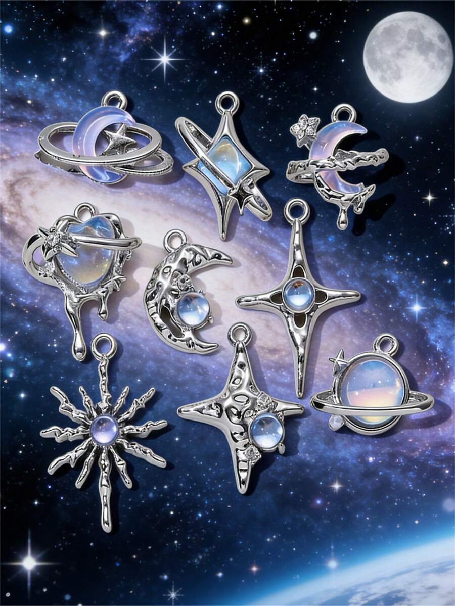 9/20/30/50/100 piezas Surtido aleatorio de colgantes de strass con forma de estrella, luna y corazón, decoración Y2K DIY para collares, pulseras y joyería - azul - Ver 1