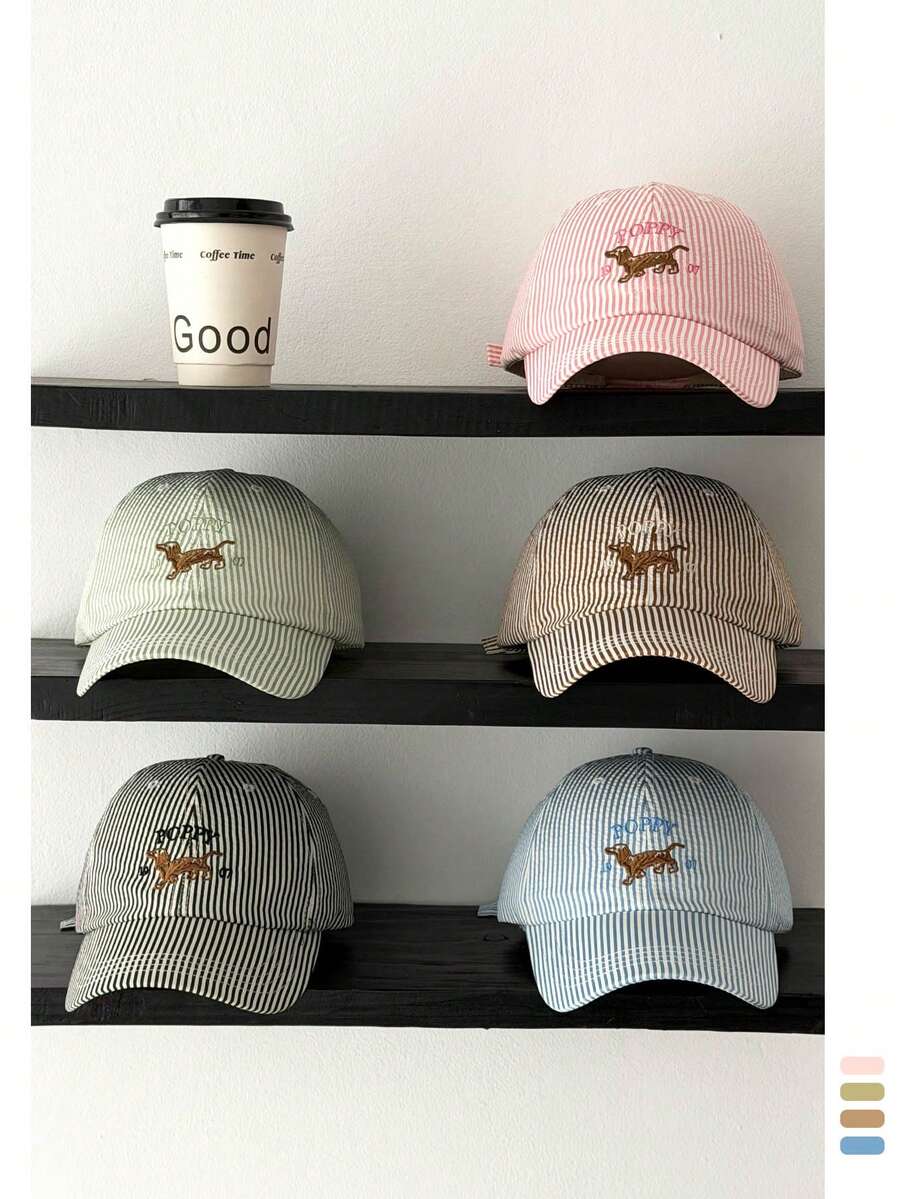 1pc Soft Top Striped Dog Baseball Cap, Cute Striped Small Dog Baseball Hat, Fashionable Soft Top Brimmed Hat For Women, Spring - Brown Dog - View 1