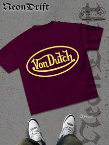 NeonDrift  Double-Sided Printing  Men's T-Shirt Men's Short-Sleeve T-Shirt100% Cotton Fabric Soft & Skin-Friendly Unisex Style Gifts For Spring Festival, Valentine's Day, St. Patrick's Day & World Cup-Van Dutch Dragon Print Men T Shirt Classic Americana Style Graphic Tee Streetwear Fashion Casual Wear For Car Enthusiasts And Vintage Culture Lovers - 酒紅色 - 查看 2