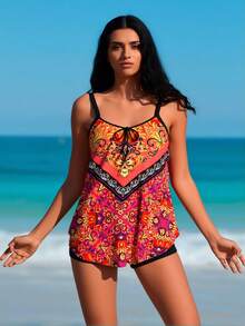 2026  Tankini Bathing Suit For Women, Orange And Pink Bohemian Print Cami Top With Black Boyshort Bottoms - Flower color(花色) - 查看 8