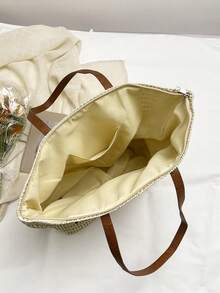 Summer Straw Tote Bag, Coconut Tree Pattern Women's Shoulder Handbag, Zipper Closure, Suitable For Beach & Holiday - Beige - View 10