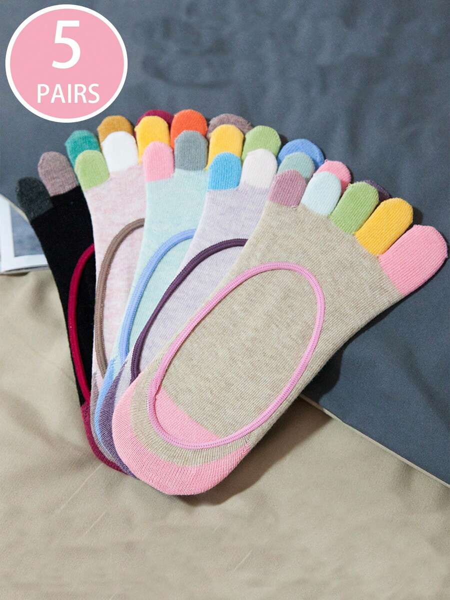 1 Pair/5 Pairs Women's Comfortable Casual Colorful Toe Pattern Anti-Slip Invisible Boat Socks, Suitable For Outdoor - Multicolor - View 1