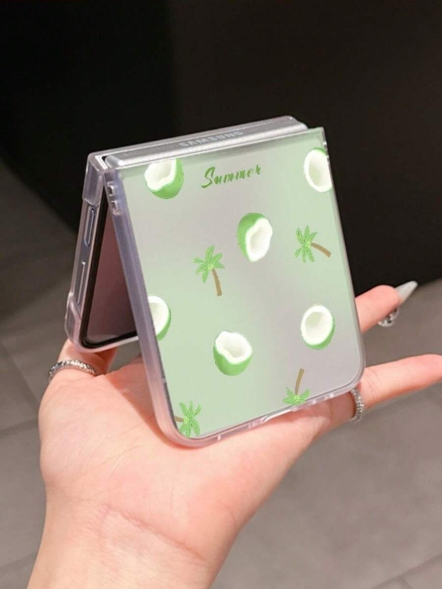 1pc Fashion Simple Matte PC Material Simple Cute Fruit Coconut Tree Element Folding Phone Case, Can Protect And Prevent Falling For: SamsungGalaxy Zflip 3/Zflip 4/Zflip 5/Zflip 6/Zflip 7/ Find N3 Flip/ Razr 50 Ultra/ Razr 60 Ultra/ 60/ Razr 50/XiaomiMIX Flip/Galaxy Z Flip7 FE - Transparent Green - View 1