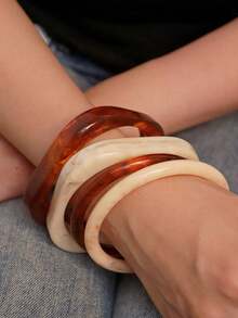 四件套优雅复古手链，时尚简约设计，适合休闲佩戴，女士时尚饰品，亚克力材质，无电镀，无镶嵌，适合全年日常及派对场合佩戴。 - 棕色 - 查看 2