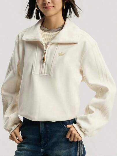  Adidas Originals HALFZIP SWEATSHIRT Loose Fit Sports Polo Shirt For Women