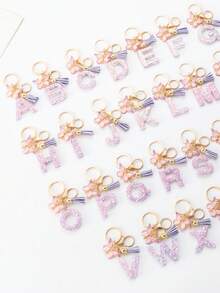Cute Yarn Pom Pom Sequin Letter A-Z Resin Tassel Keychain, Wallet & Handbag Charm, Chain Backpack Pendant, Car Hanging Ornament, Girl Gift, School & Car Accessories, Gothic Y2K - Purple - View 4