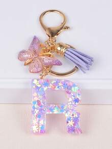 Cute Yarn Pom Pom Sequin Letter A-Z Resin Tassel Keychain, Wallet & Handbag Charm, Chain Backpack Pendant, Car Hanging Ornament, Girl Gift, School & Car Accessories, Gothic Y2K - Purple - View 11