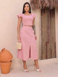 Women's Tailored Set: Cropped Top With Ruffled Sleeves, Midi Skirt With Front Slit, High Waist. Elegant Women's Fashion Set ✨ Casual, Vacation, Beach - 玫瑰 - 查看 4
