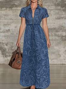 Elegant Paisley Pattern Twist Zipper Pocket Plus Size Women's Solid Color Fitted Waist Flared Dress Summer - Blue - View 4