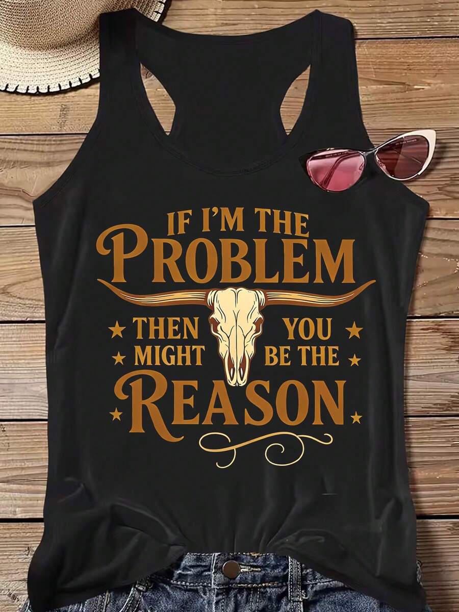 Women's Casual Sleeveless Round Neck T-Shirt With Funny Graphic Print Cotton Blend Tank Top - 黑色 - 查看 1