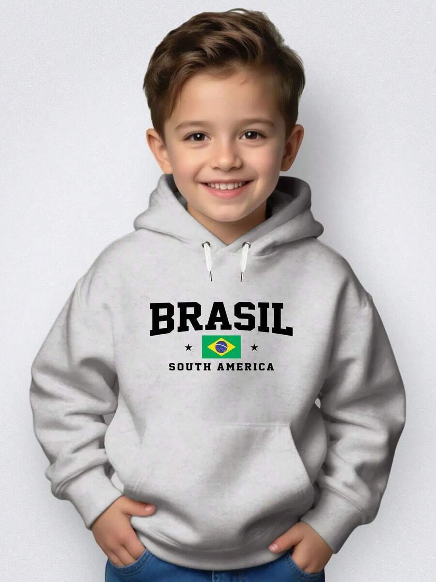 Kids' Kangaroo Hoodie Sweatshirt For Winter, Brazil, South Am, School, Shopping, Leisure, Boys And Girls, Premium Thermal, Comfortable Clothing - 灰色 - 查看 1