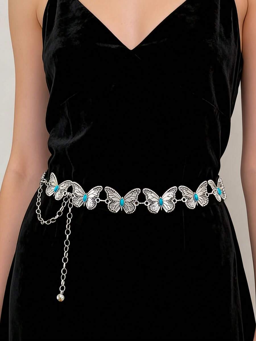 1件女士复古大蝴蝶金属腰链，适合日常通勤和聚会，可搭配连衣裙和牛仔裤，作为节日或生日礼物。 - 銀色 - 查看 1