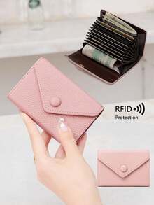 CHARM INFINITE Litchi Embossed Multiple Card Slots Flap Button Decor Card Holder Card Holder Wallet Business Card Holder Credit Card Holder Card Holder Women For Women Wallet Mini Wallet Purse Wallet Card Wallet Rfid Wallet - Pink - View 13