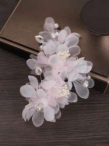 1件欧美薄纱新娘头饰发夹，浪漫头饰，甜美韩风优雅新娘时尚欧根纱侧边3D发夹，爪夹 - 粉色 - 查看 3