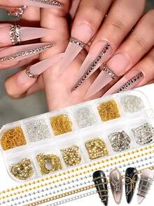 1盒金银链条美甲饰品哥特风条形链钢珠水钻3D美甲设计朋克Y2K魅力美甲装饰美甲沙龙配件美甲用品DIY美甲 - 彩色 - 查看 2