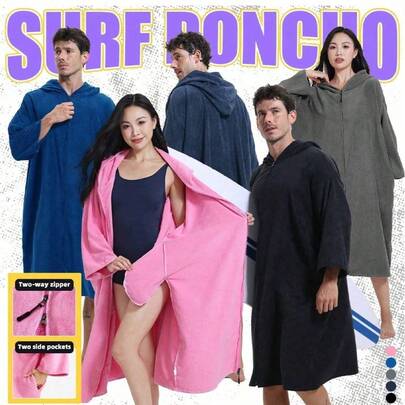 Áo choàng lướt sóng có mũ trùm đầu liền thân, khăn tắm có mũ trùm đầu hai mặt với khóa kéo, áo choàng thay đồ lặn cỡ lớn có mũ trùm đầu với 2 túi bên hông và tay áo, được làm từ vải khăn microfiber siêu mềm, thích hợp cho gia đình, bãi biển, hồ bơi, phòng tắm.