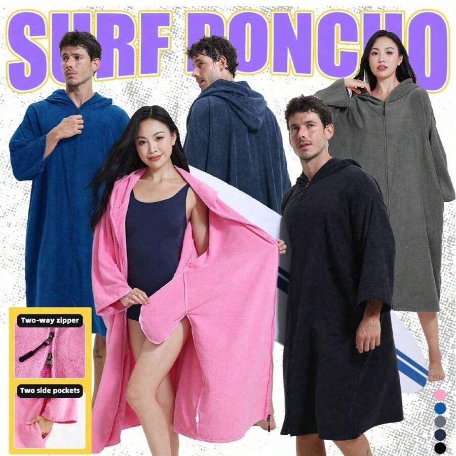 一体式连帽冲浪斗篷,双面拉链连帽浴巾,超大号连帽潜水服更衣袍,带两个侧袋和袖子,采用超柔软超细纤维毛巾面料制成,适合居家、海滩、泳池、浴室等场所使用。 - 彩色 - 查看 1