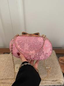 2026新款蝴蝶结锁扣手拿包，优雅链条单肩包，独特质感派对手提包 - 粉色 - 查看 2