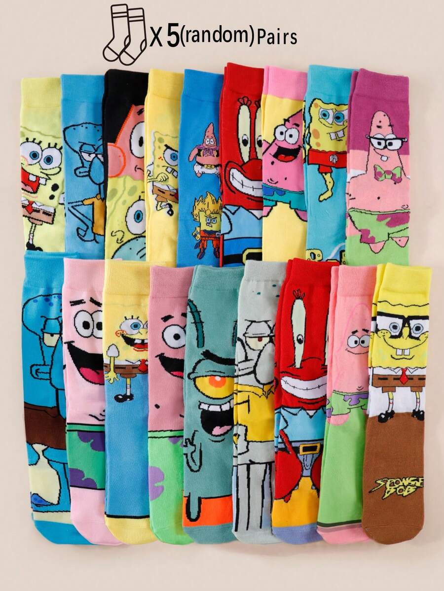 SpongeBob SquarePants 5 Pairs Random Unisex Funny Graphic Mid-Calf Socks, Breathable Moisture-Wicking Socks With Interesting Patterns Like Starfish, Octopus, Sandy, Crab, Boss, Suitable For All Seasons, Casual & Dating - Multicolor - View 1